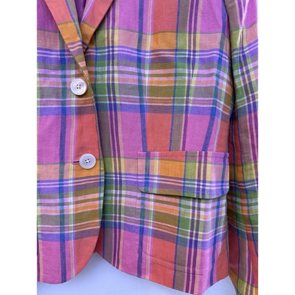 Lauren Ralph Lauren Blazer Women's 6 Multicolor Plaid 100% Linen Lined Pockets - Picture 5 of 9